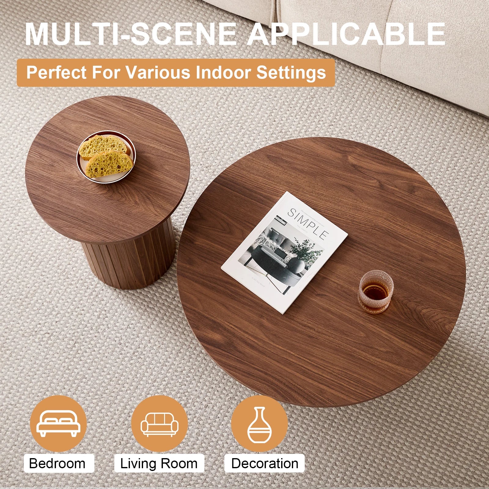 Lot de 2 Tables Basses Gigognes Rondes Style Nordique en Bois