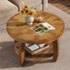 Tribesigns Table de Salon Ronde en Bois Massif à 2 Niveaux Marron 80cm