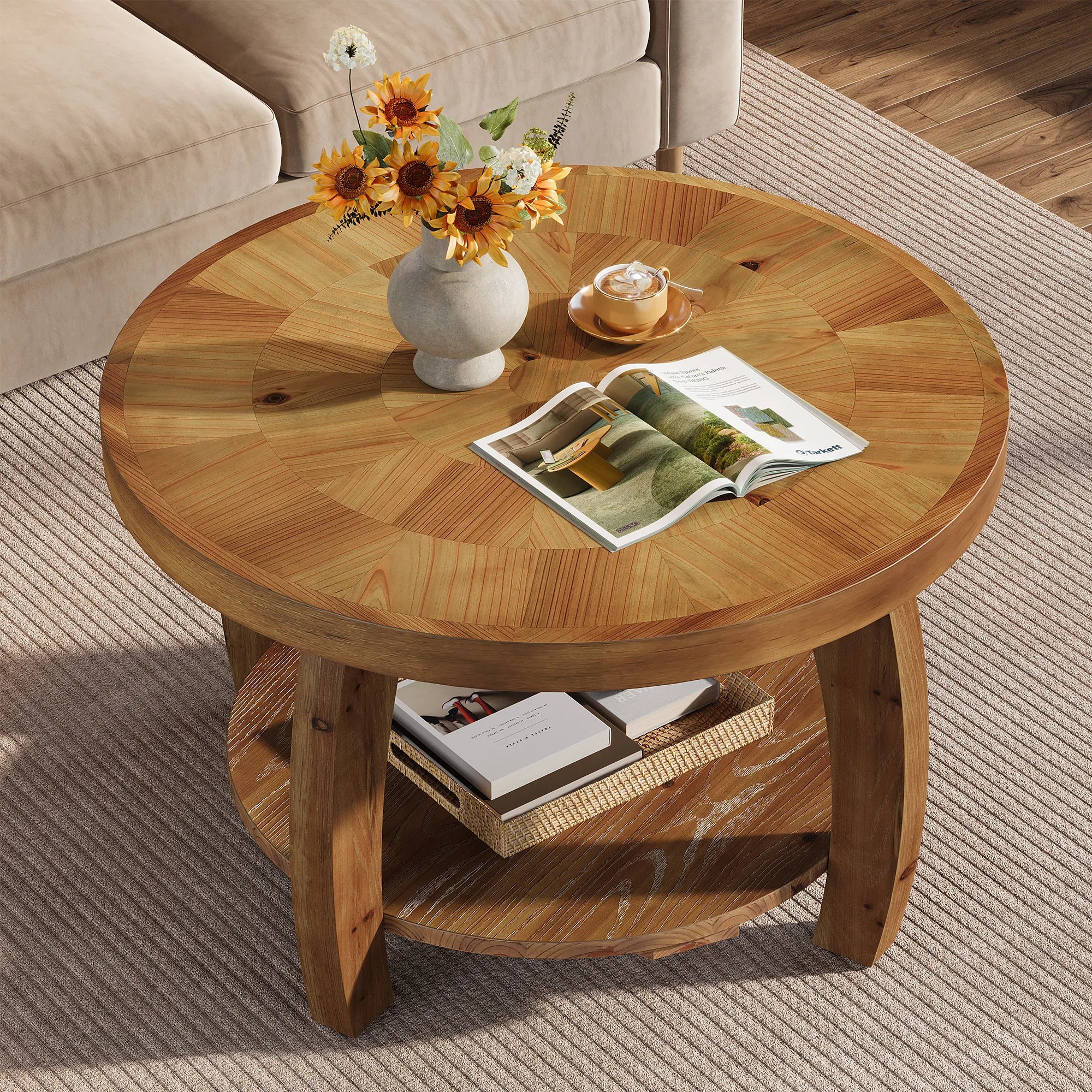 Tribesigns Table de Salon Ronde en Bois Massif à 2 Niveaux Marron 80cm