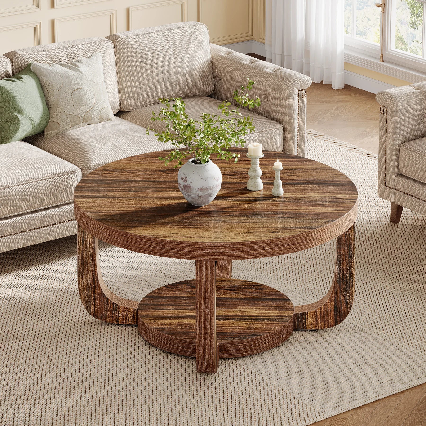Tribesigns Table Basse Ronde à 2 Niveaux en Bois Vintage Marron 80cm