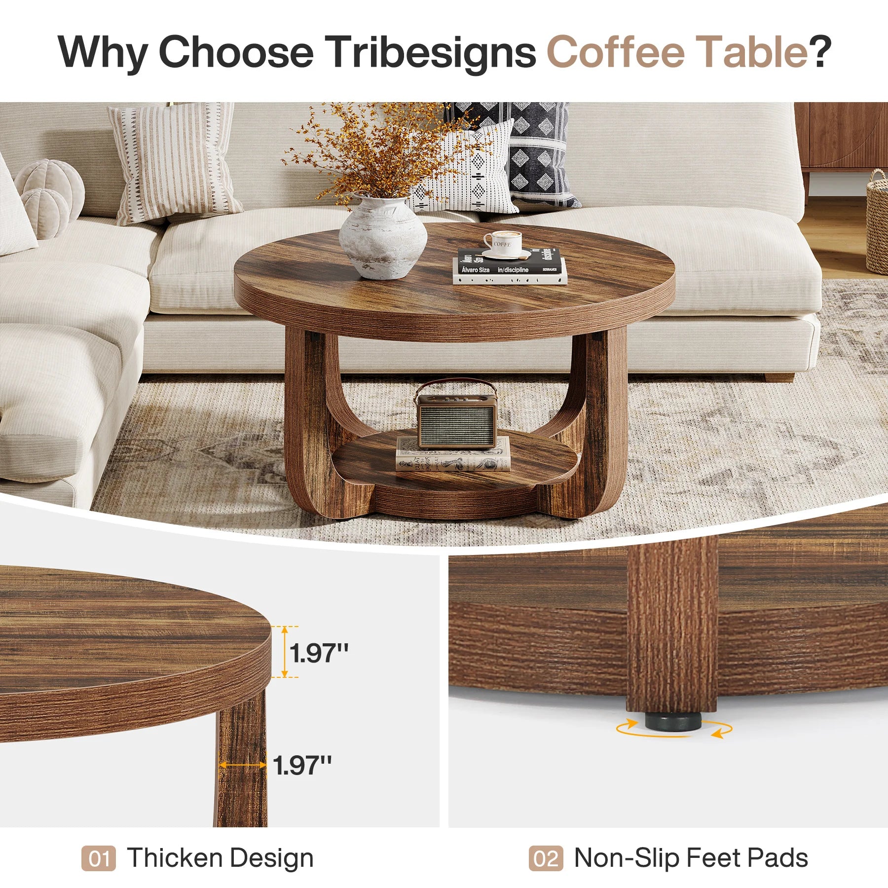 Tribesigns Table Basse Ronde à 2 Niveaux en Bois Vintage Marron 80cm