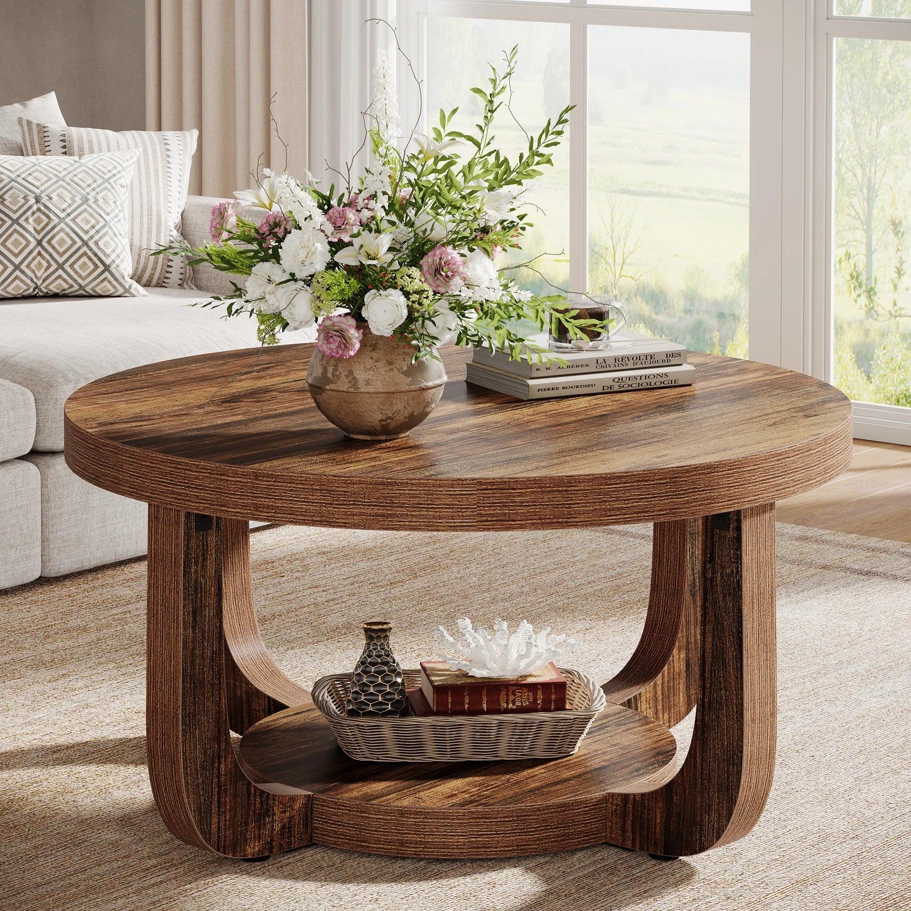Tribesigns Table Basse Ronde à 2 Niveaux en Bois Vintage Marron 80cm