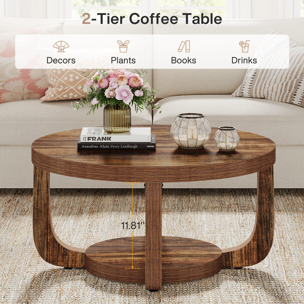 Tribesigns Table Basse Ronde à 2 Niveaux en Bois Vintage Marron 80cm