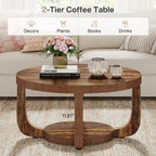 Tribesigns Table Basse Ronde à 2 Niveaux en Bois Vintage Marron 80cm