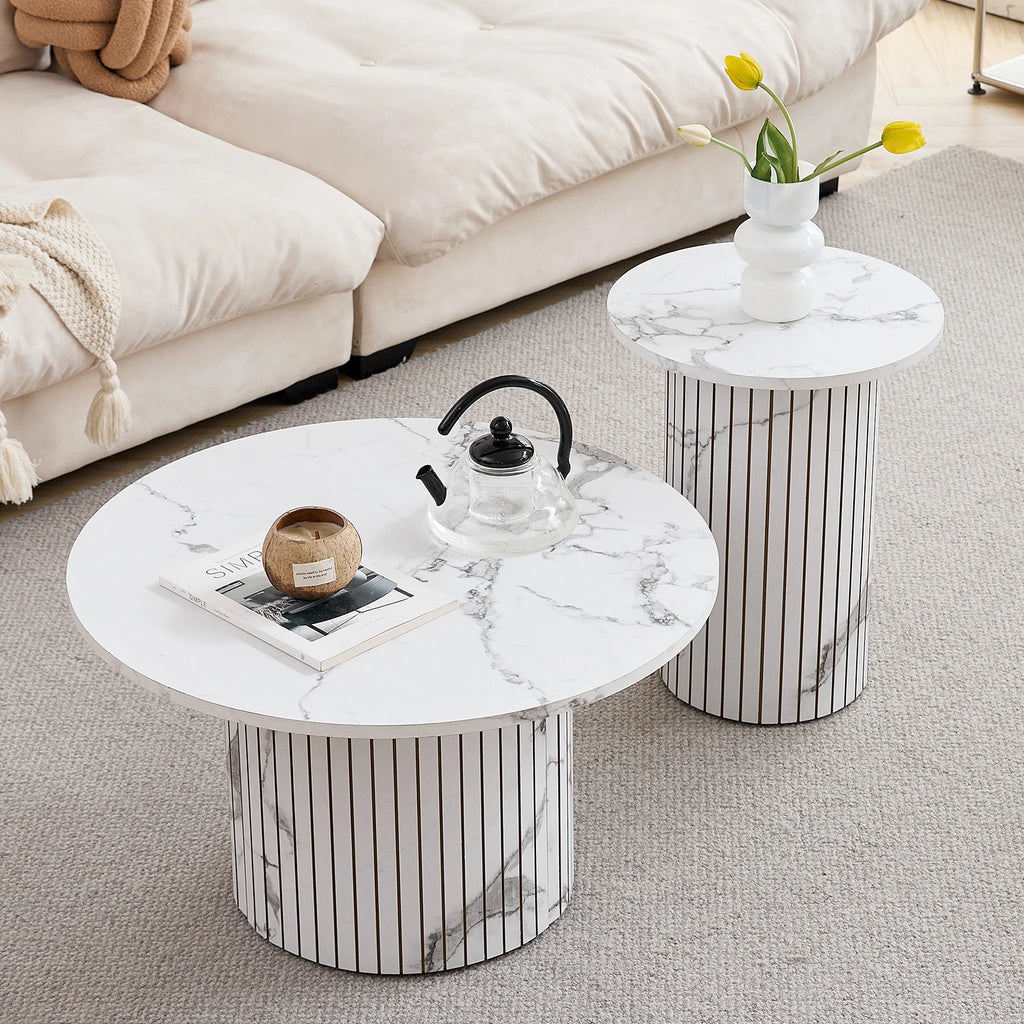 Lot de 2 Tables Basses Gigognes Rondes Style Nordique en Bois