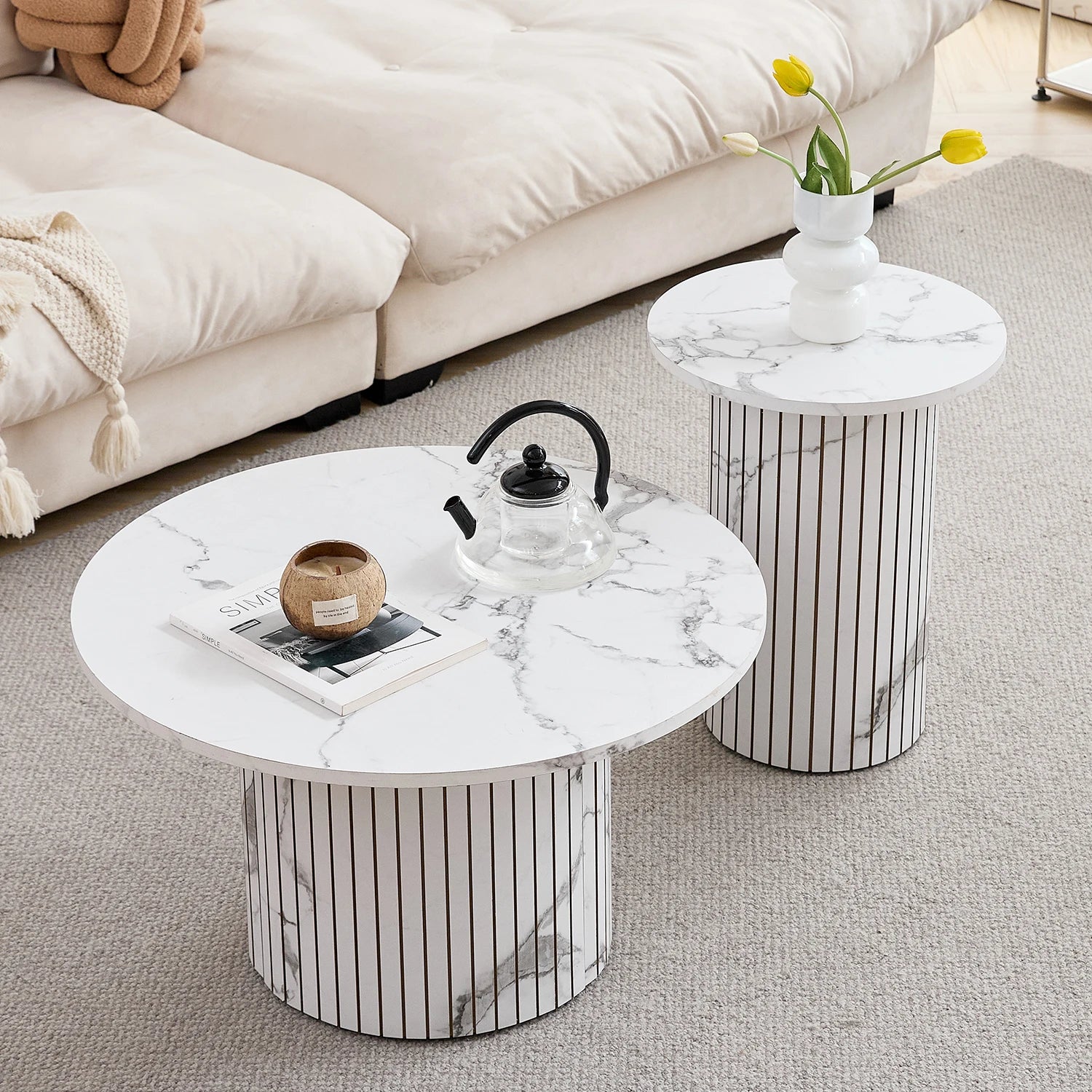Lot de 2 Tables Basses Gigognes Rondes Style Nordique en Bois