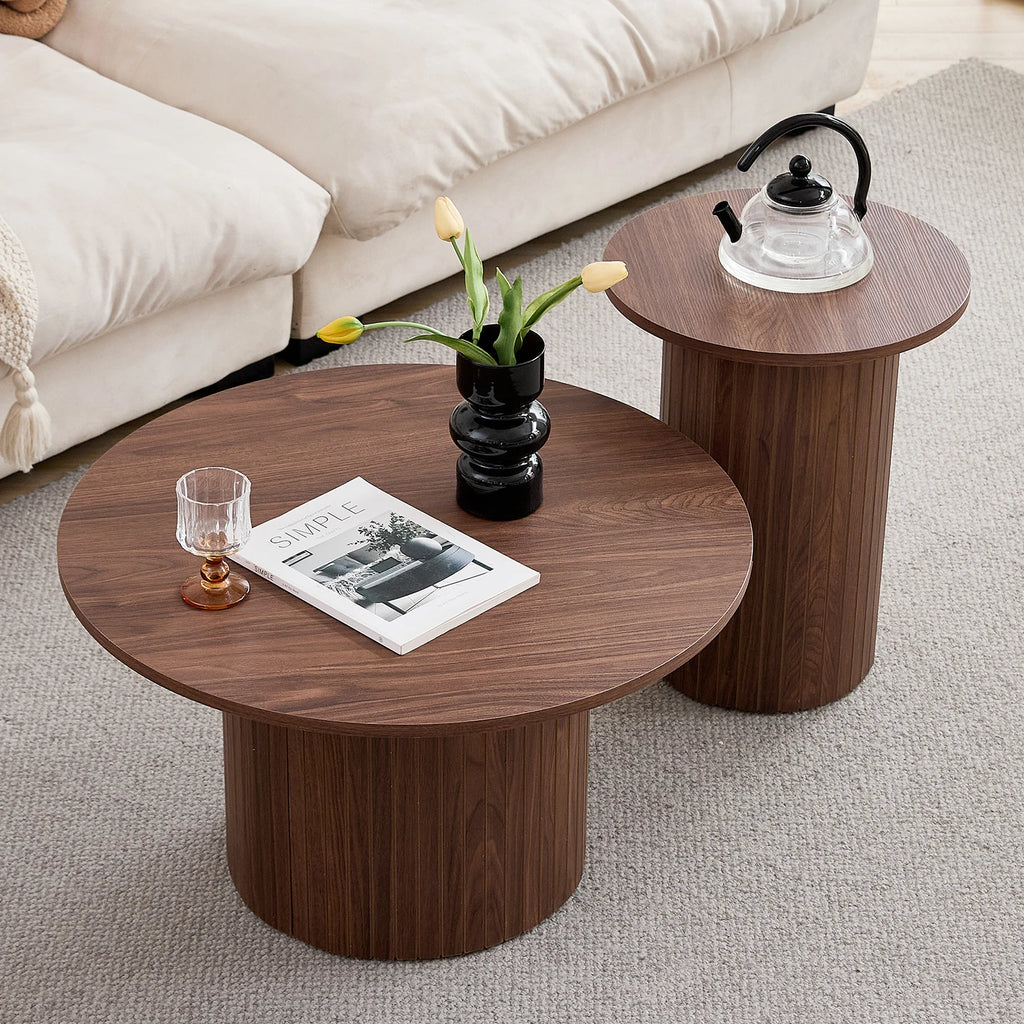 Lot de 2 Tables Basses Gigognes Rondes Style Nordique en Bois