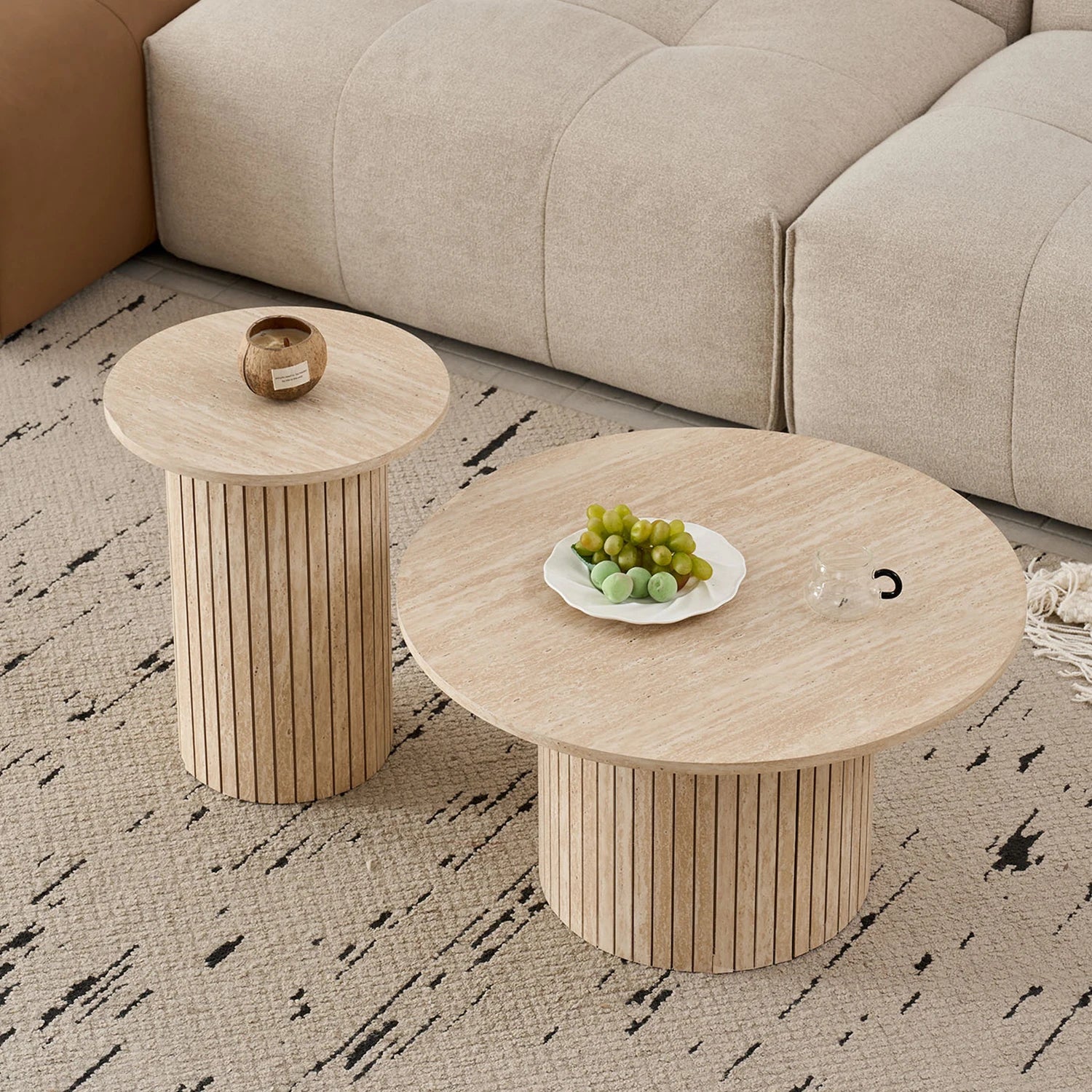 Lot de 2 Tables Basses Gigognes Rondes Style Nordique en Bois
