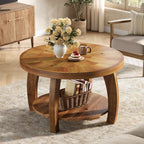 Tribesigns Table de Salon Ronde en Bois Massif à 2 Niveaux Marron 80cm