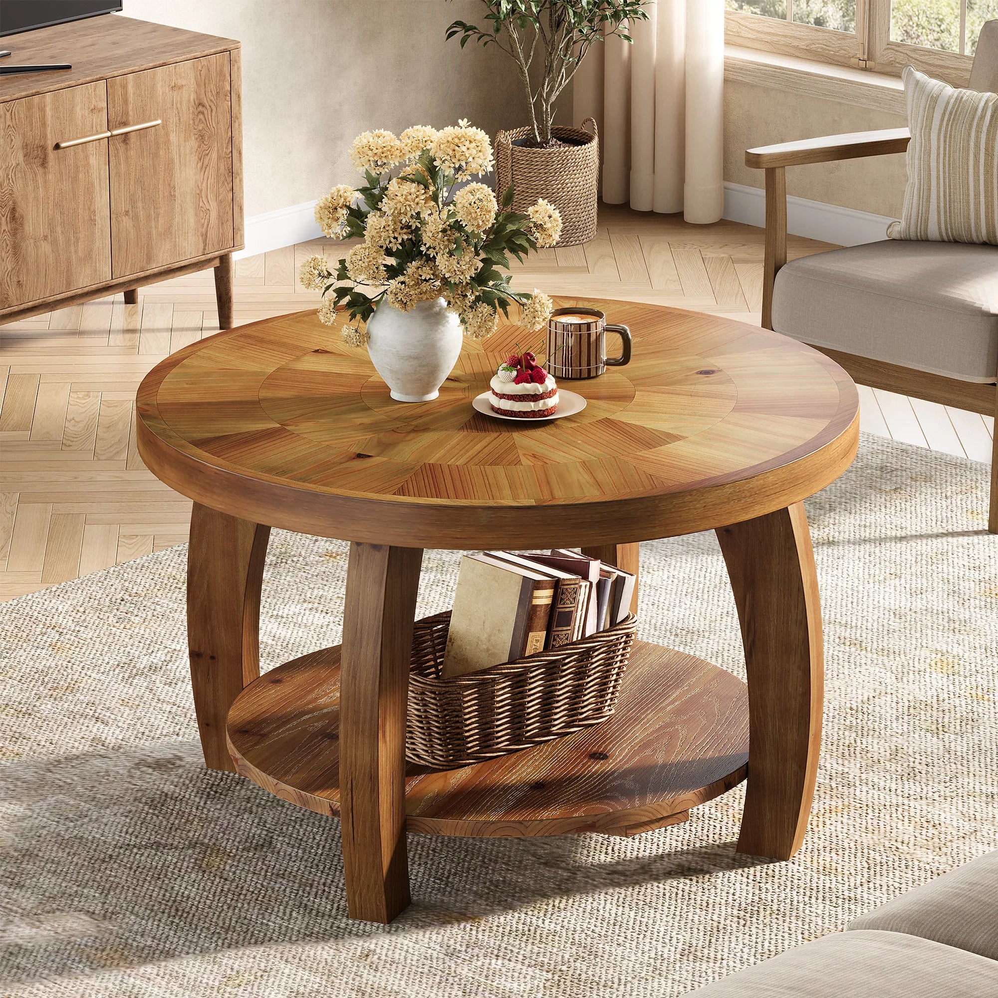 Tribesigns Table de Salon Ronde en Bois Massif à 2 Niveaux Marron 80cm