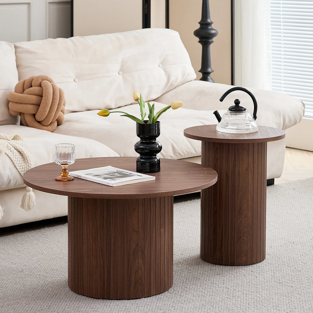 Lot de 2 Tables Basses Gigognes Rondes Style Nordique en Bois