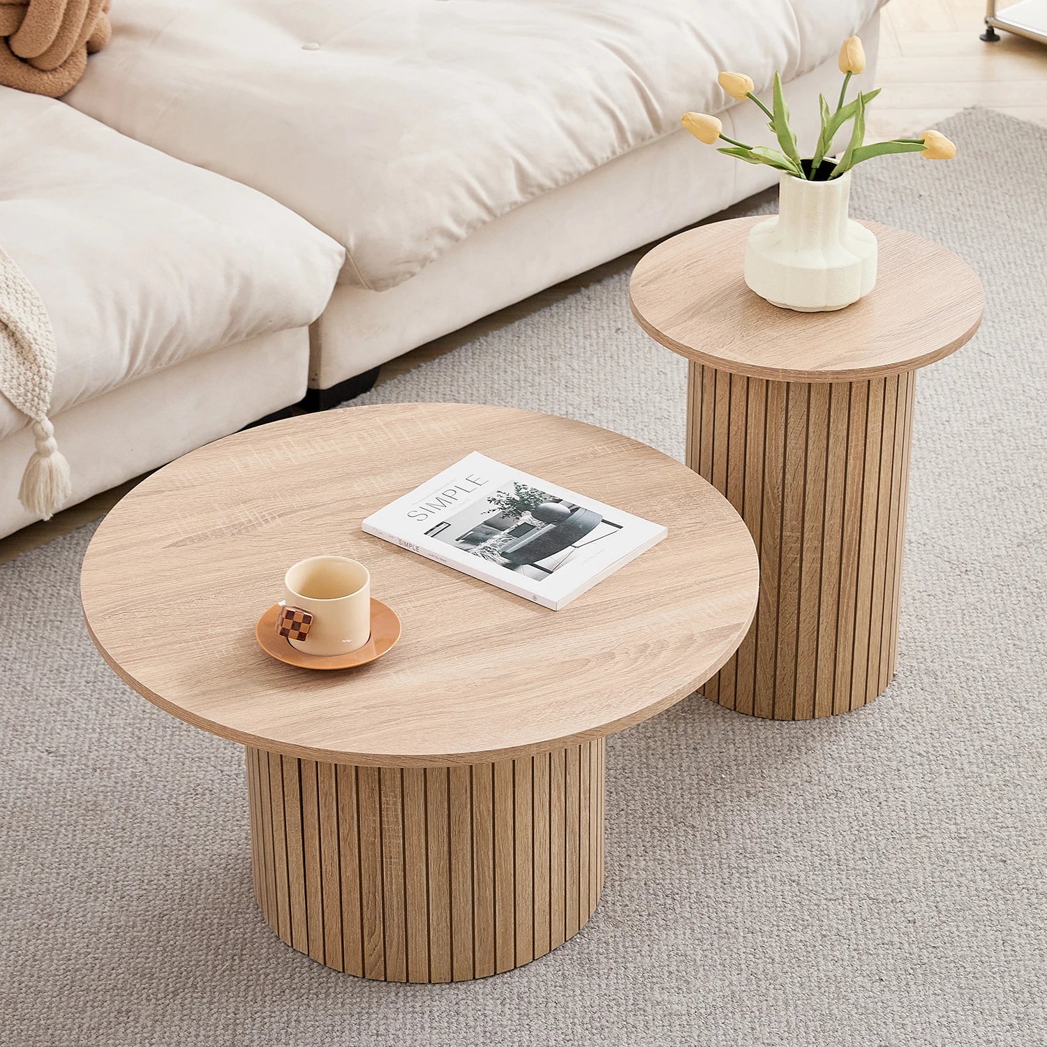 Lot de 2 Tables Basses Gigognes Rondes Style Nordique en Bois
