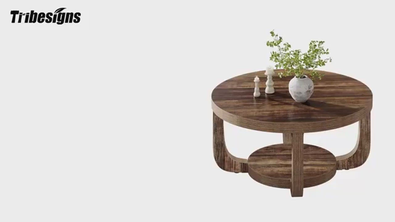 Tribesigns Table Basse Ronde à 2 Niveaux en Bois Vintage Marron 80cm